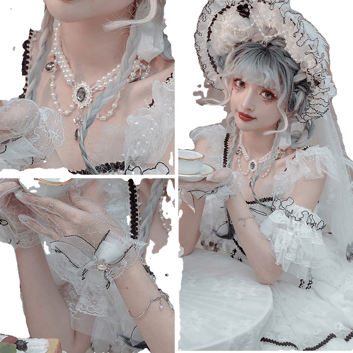 Cat Fairy~Dark Starry Night~Wedding Lolita Bonnet Bridal Mesh Gloves and Necklace