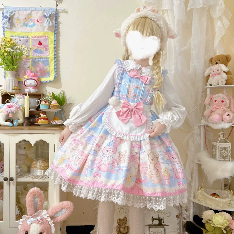 Hanguliang - Sweet Bunny Bear - Sweet Lolita Jumper Dress Cute JSK S Blue JSK only