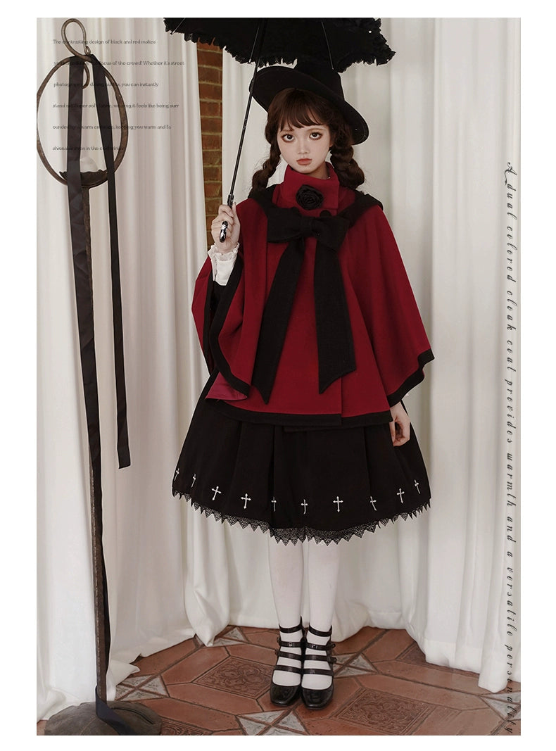 Urtto~Lolita Woolen Coat Autumn Winter Elegant Red and Cream Cloak   
