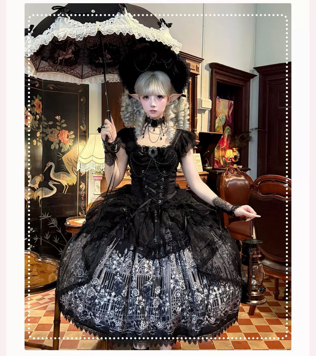 Thorn Feather Relic - Gothic Lolita JSK Dress, Crow and Rose Print 45863:866249