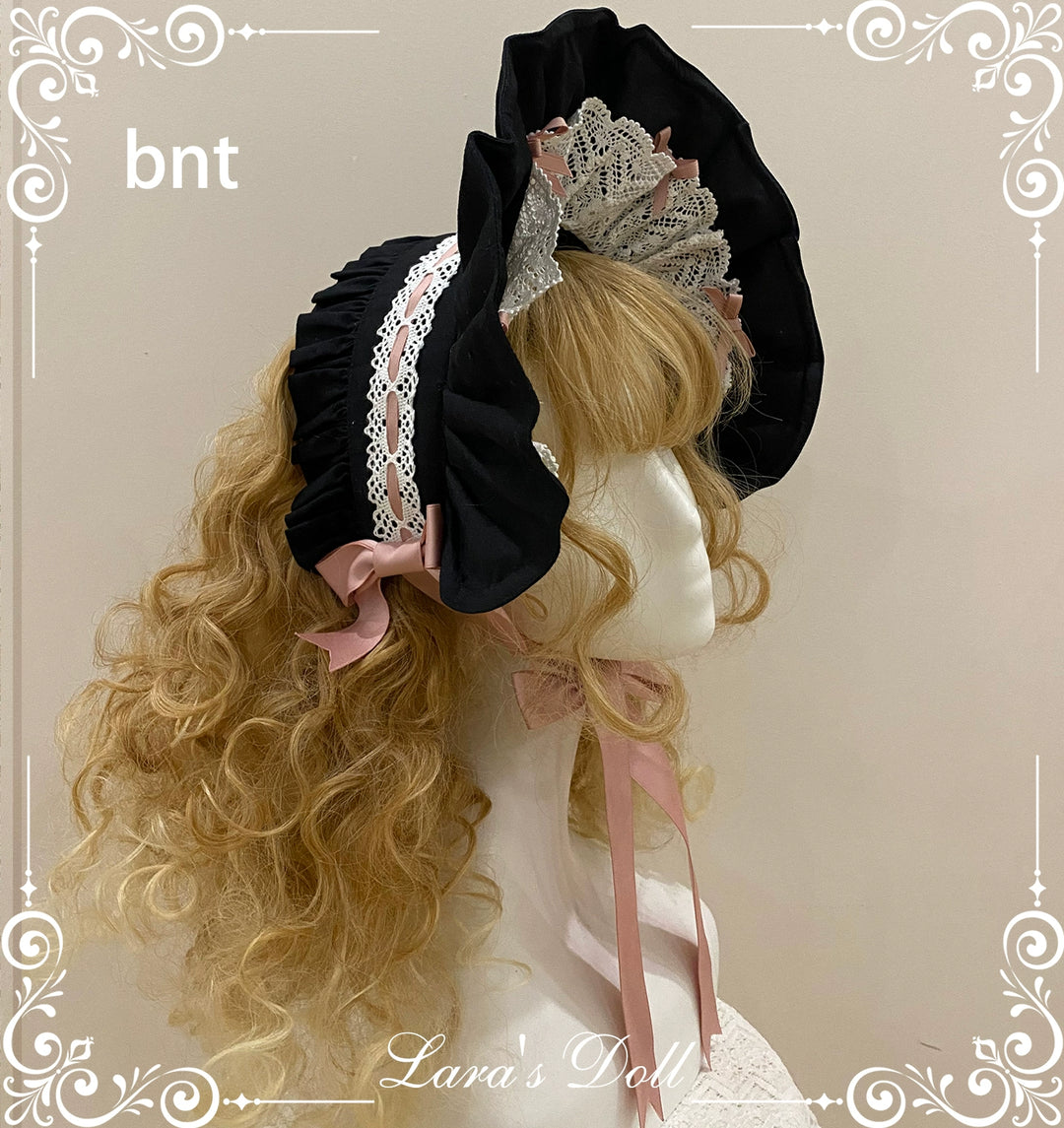 (BFM)Little Bear~Laura's Doll~Sweet Lolita Bloomer Bonnet Headband Hair Clip Black and Pink BNT Free size 