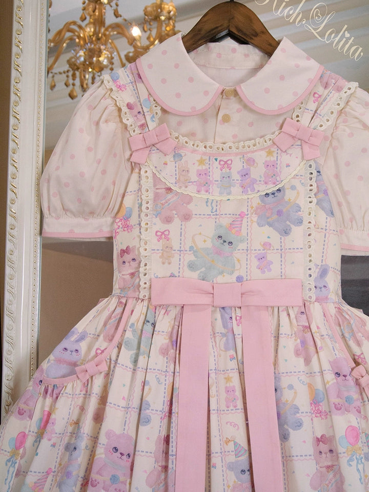 RichLolita~Starry Pudding Bear~Sweet Lolita Jumper Dress Printed OP Dress XS JSK 