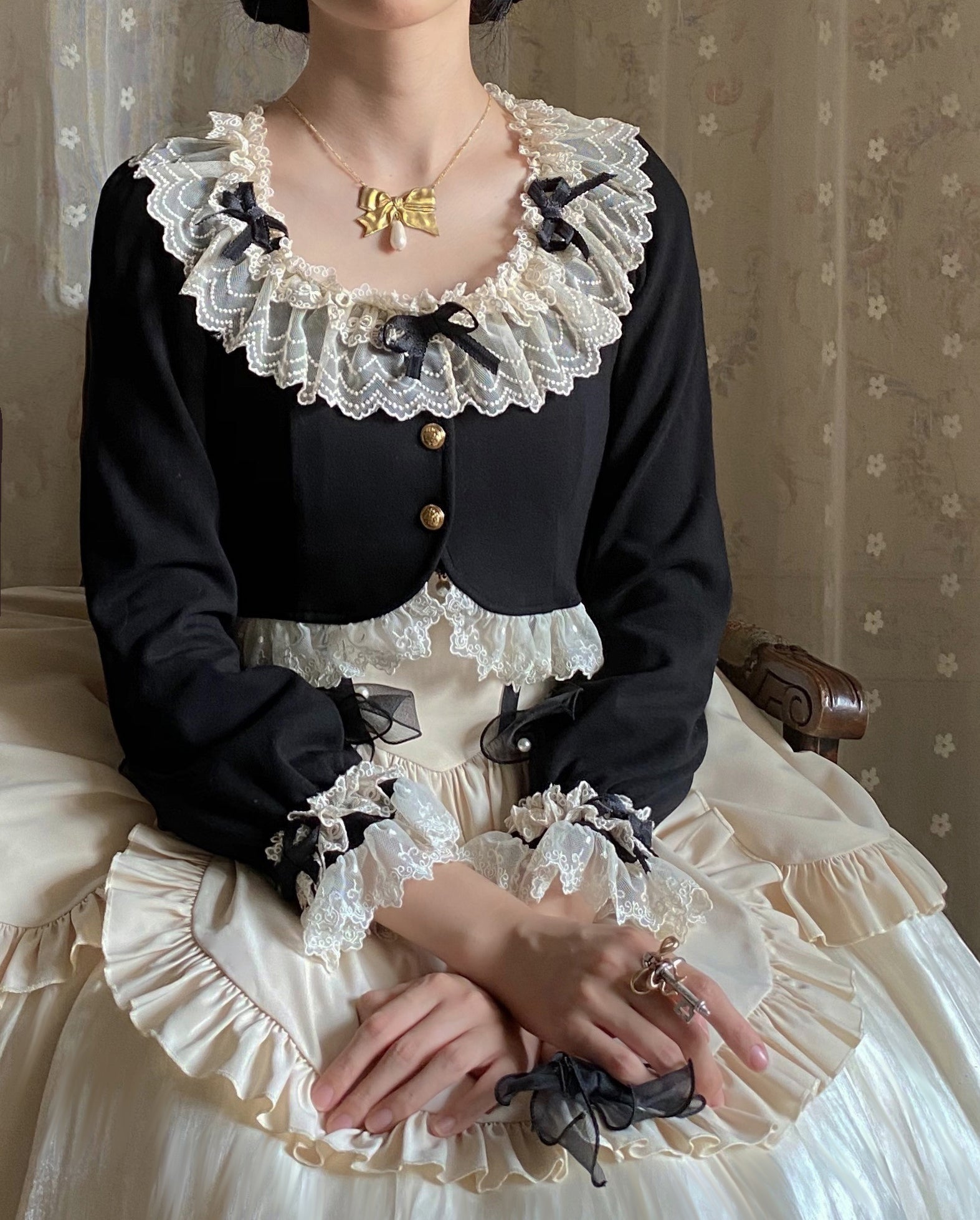 Unideer - Prelude - Elegant Lolita Bolero Jacket with Lace Ruffle Frill Black bolero jacket only S