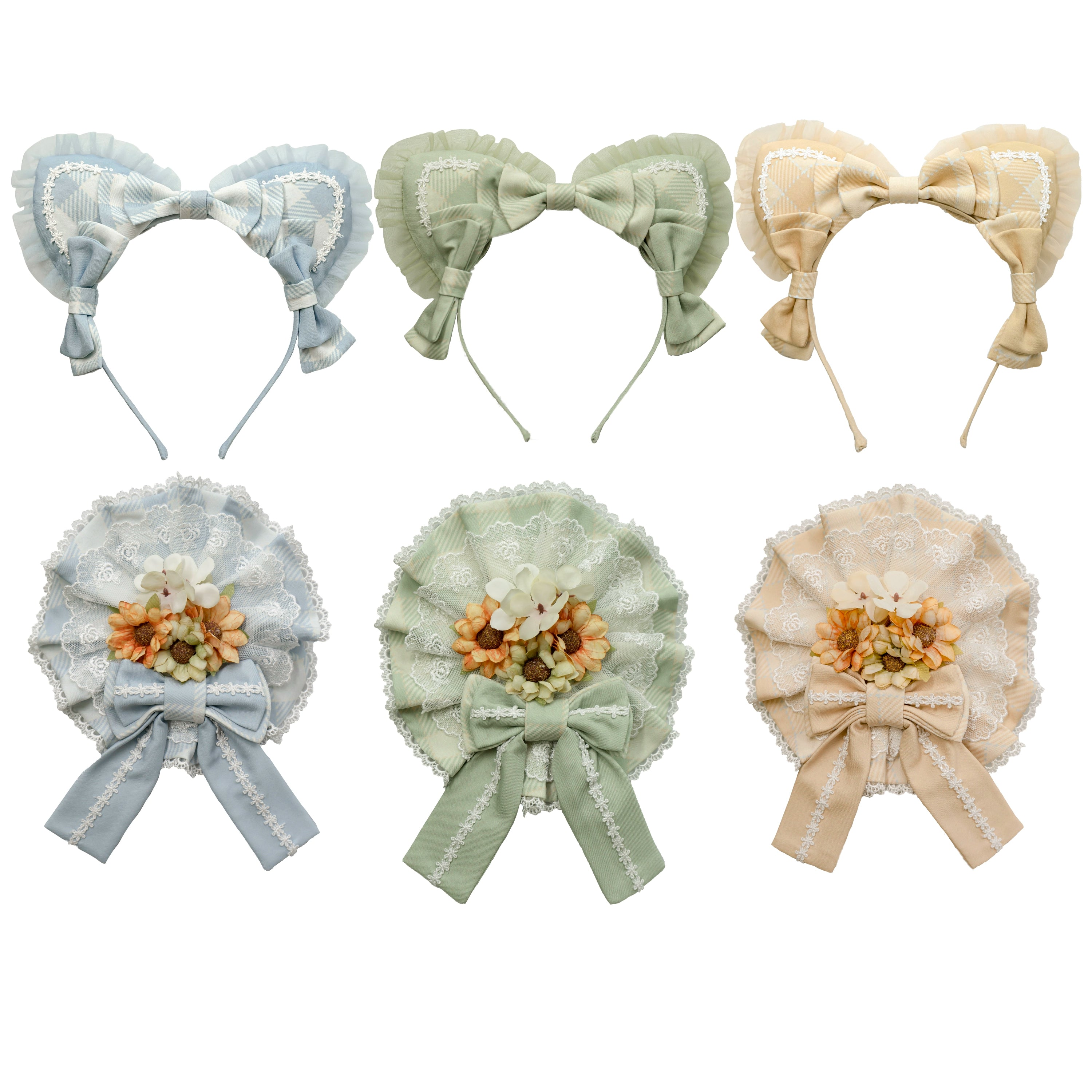 Chaton Jardin - Sunny Cat - Sweet Lolita Cat Ear KC Plaid Flower Ball Brooch