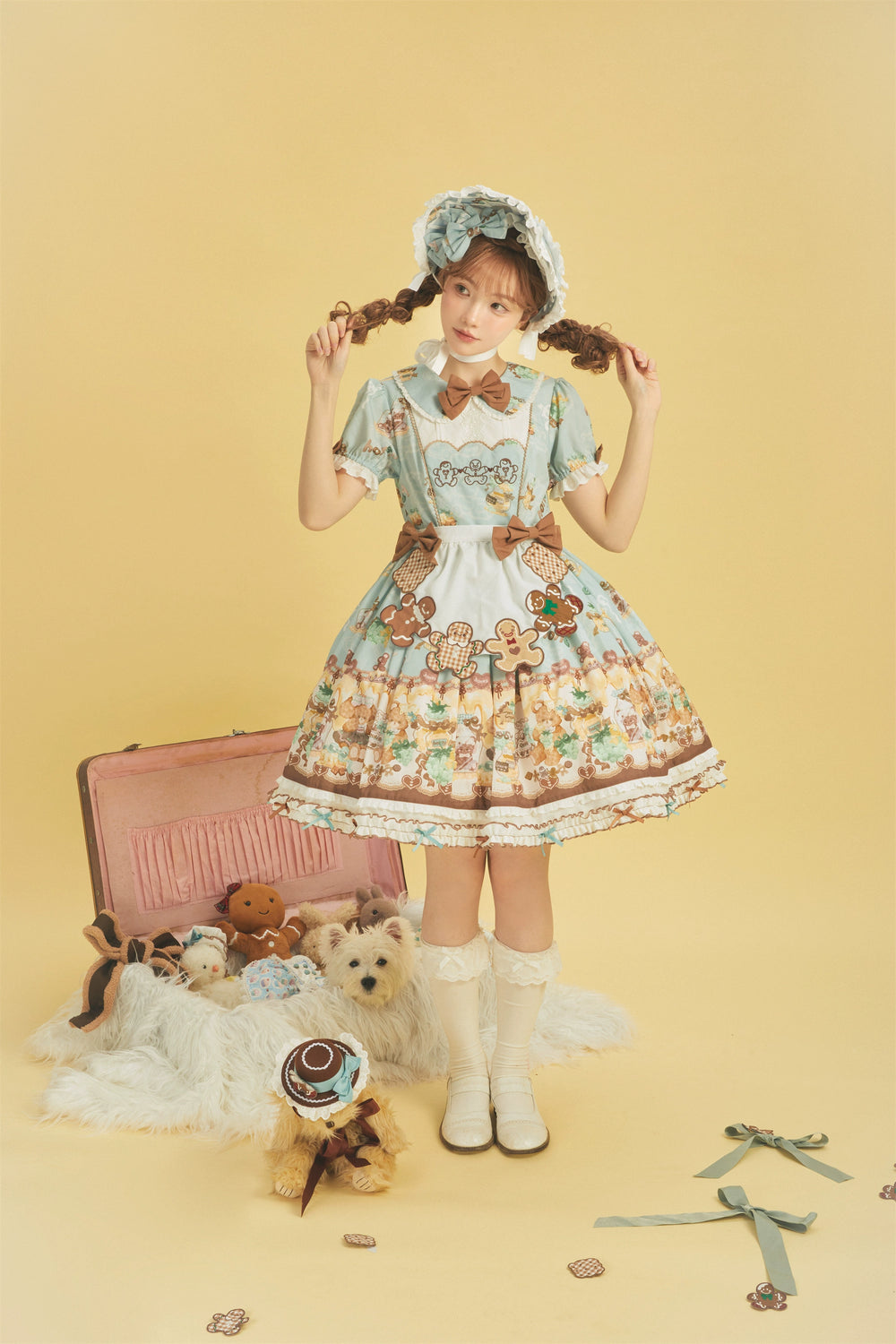 Babyblue~Little Bear Honey Jar~Kawaii Lolita Short Sleeve OP Gingerbread Man Embroidered Dress