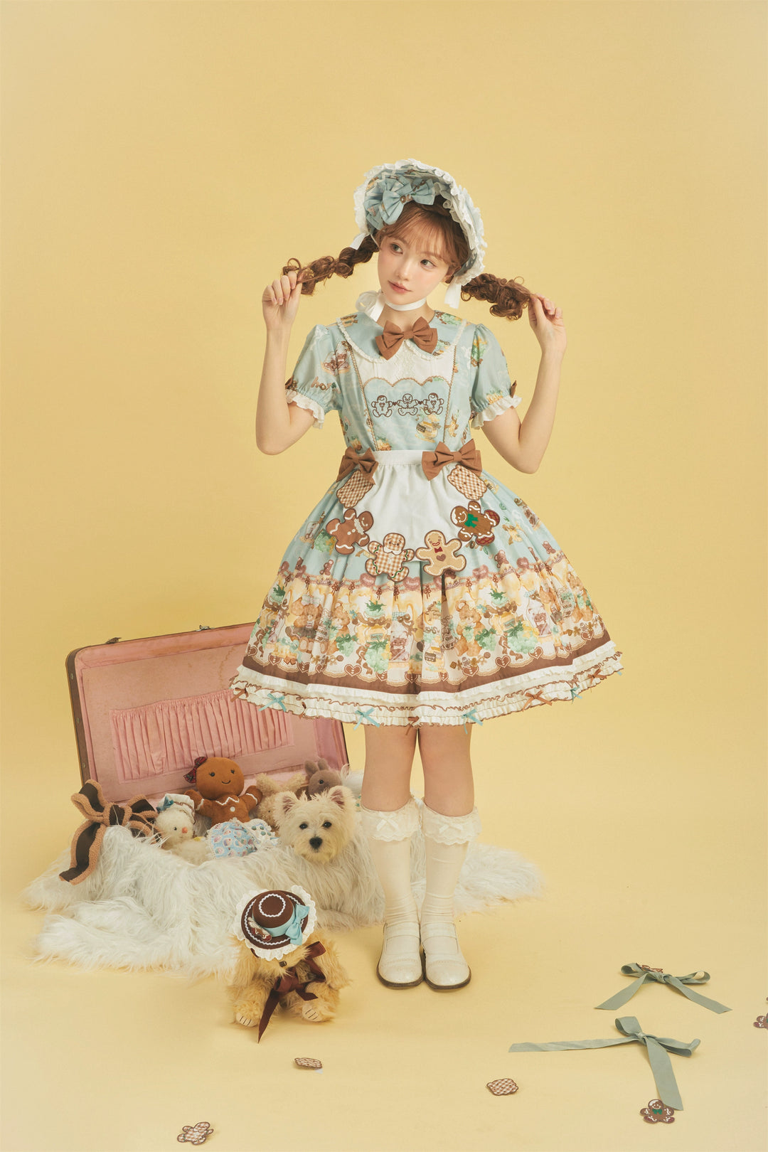 Babyblue~Little Bear Honey Jar~Kawaii Lolita Short Sleeve OP Gingerbread Man Embroidered Dress   