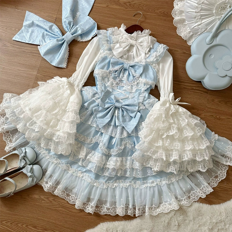 Hanguliang~Love and Heart Palpitations~Wedding Lolita JSK Bridal Lolita Dress S Only blue back bow (1 piece)