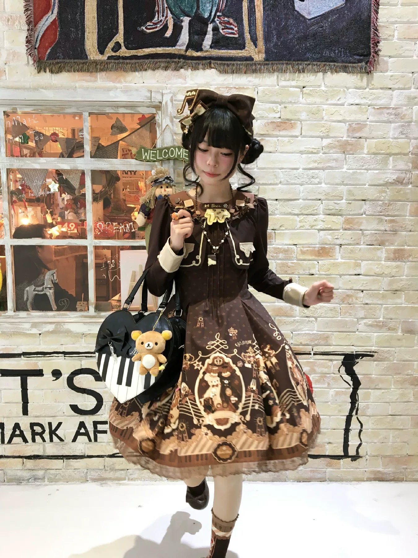 Cream Bear - Print Kawaii Lolita Fake Two-Piece OP, A-lined JSK Dress 44502:811636