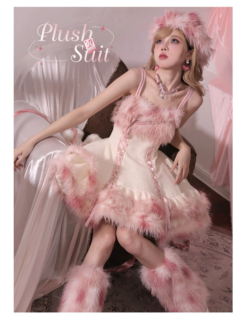Urtto~Snow Song~Sweet Lolita Coat Pink Faux Fur Dress Set S JSK 