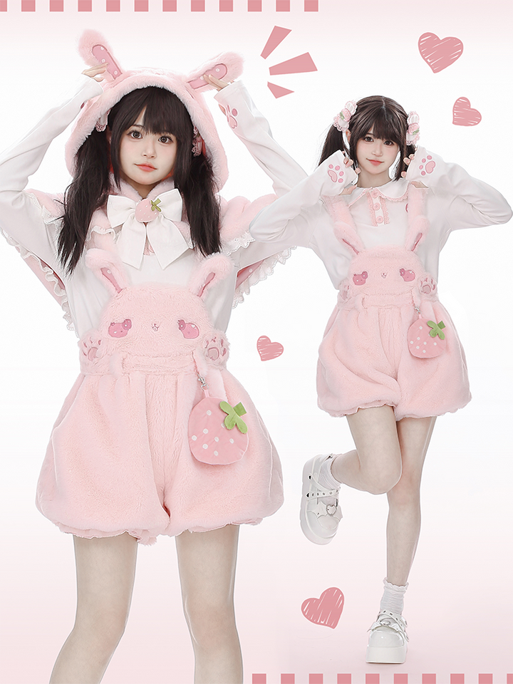 To Alice~Sweet Lolita Strap Shorts Strawberry Rabbit Winter Lolita Suit