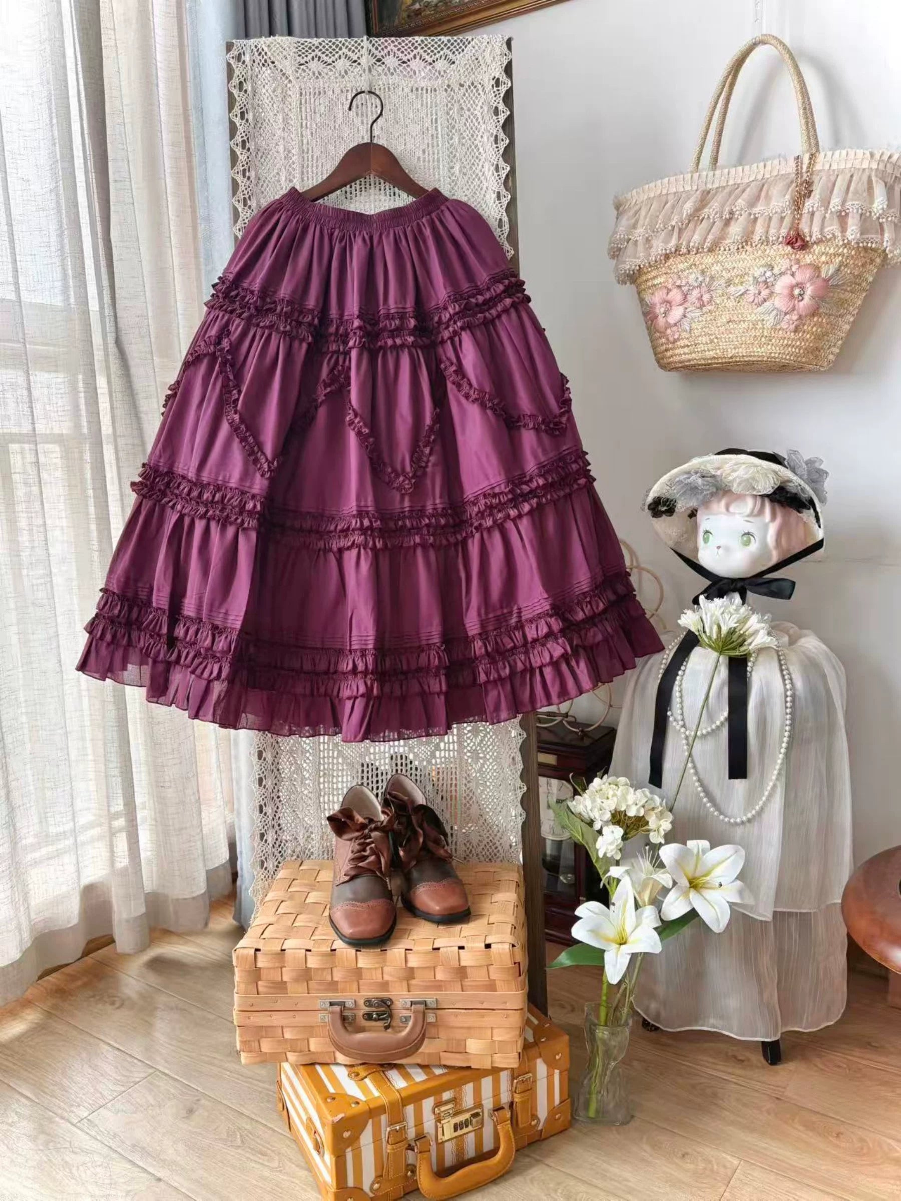 Country Lolita Underskirt, Cotton & Tiered Ruffles Dark Purple S