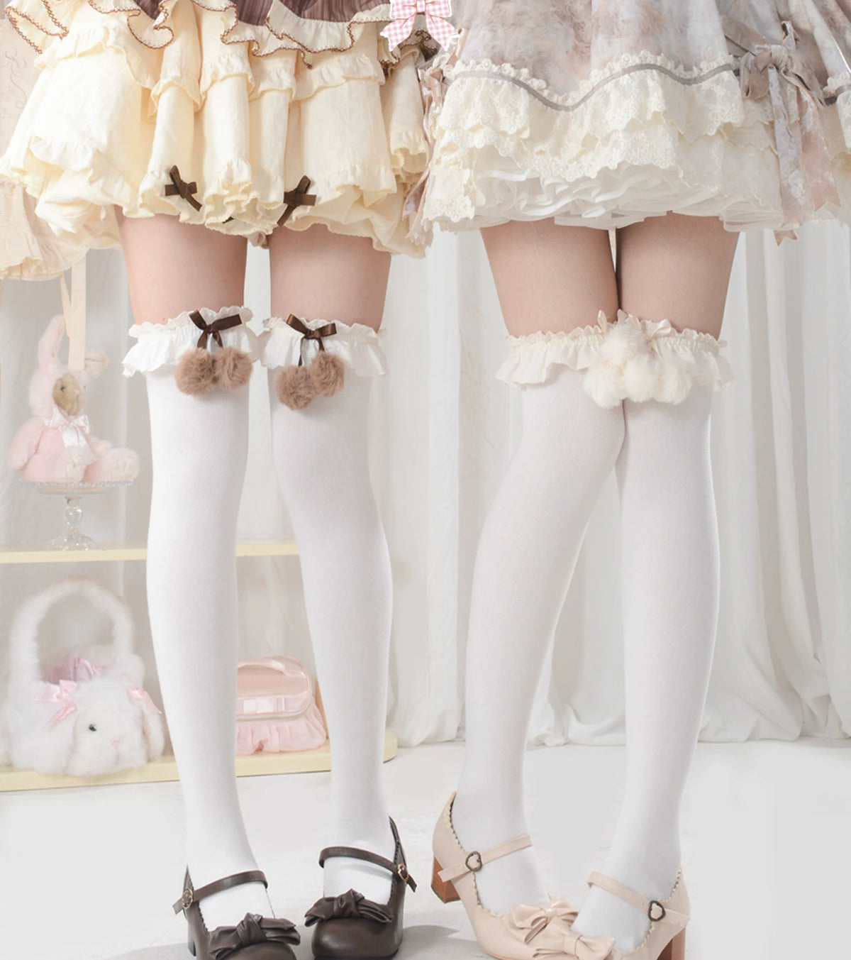 Autumn Sweet Lolita Lace Socks with Bow & Pom Pom 46057:873698