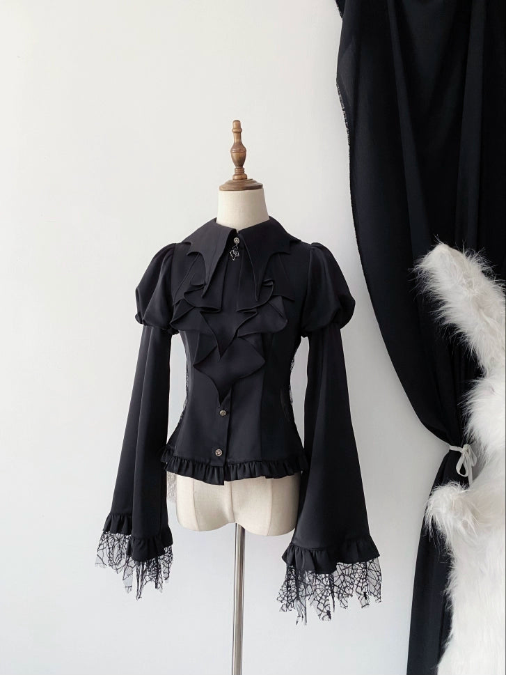 Flower messenger~Gothic Lolita Blouse Long Sleeve Jabot Hollow-out Spider Design S Black shirt + jabot 