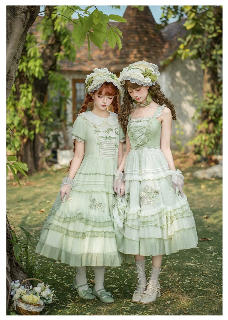 Green Grape - Embroidered Country Lolita OP Dress, Tiered JSK