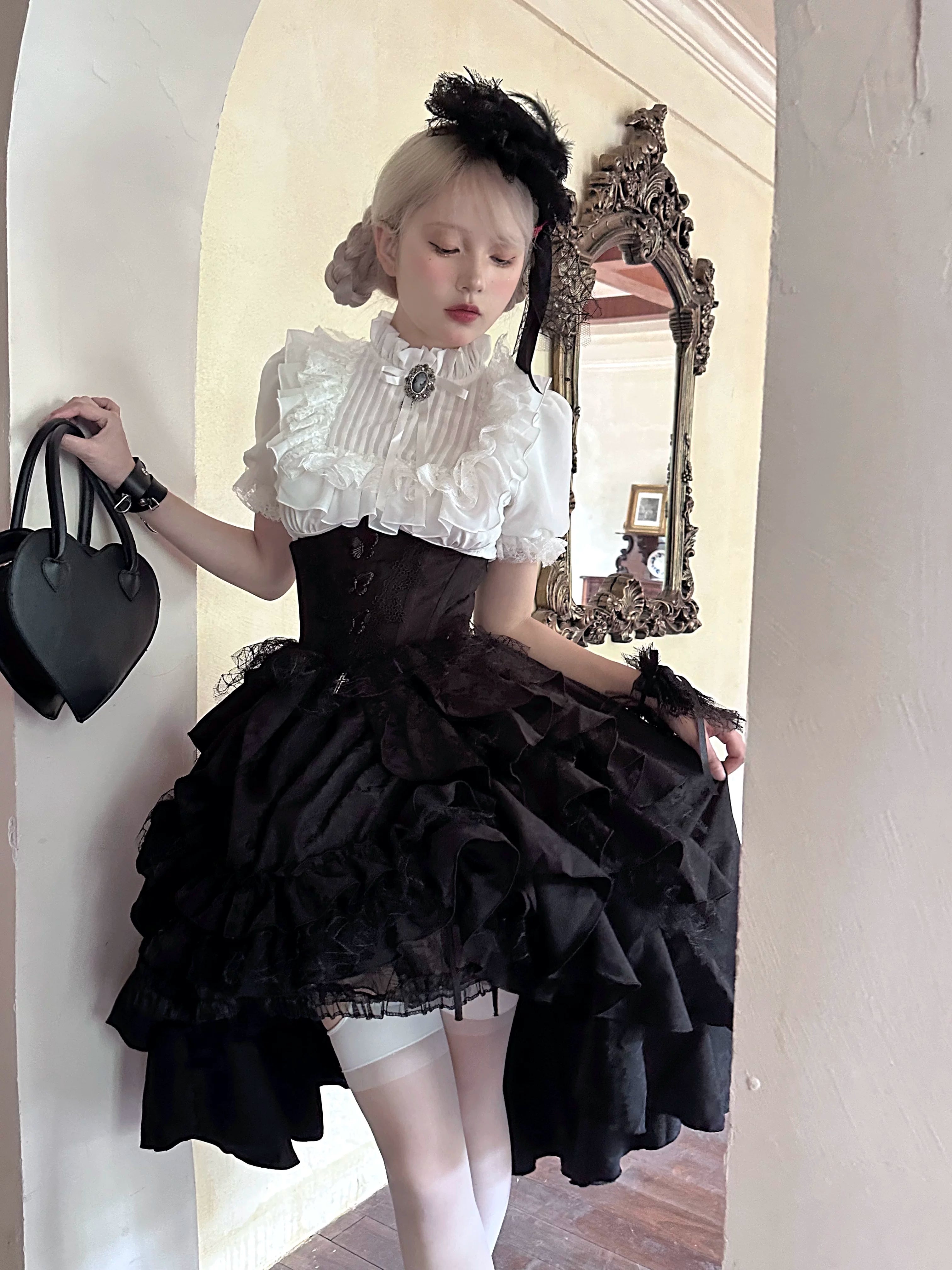 Mistshroud Manor - Gothic Lolita Blouse & Boned Waist SK, Drawstring Lift-up Hem (L M S XL) 45909:867523