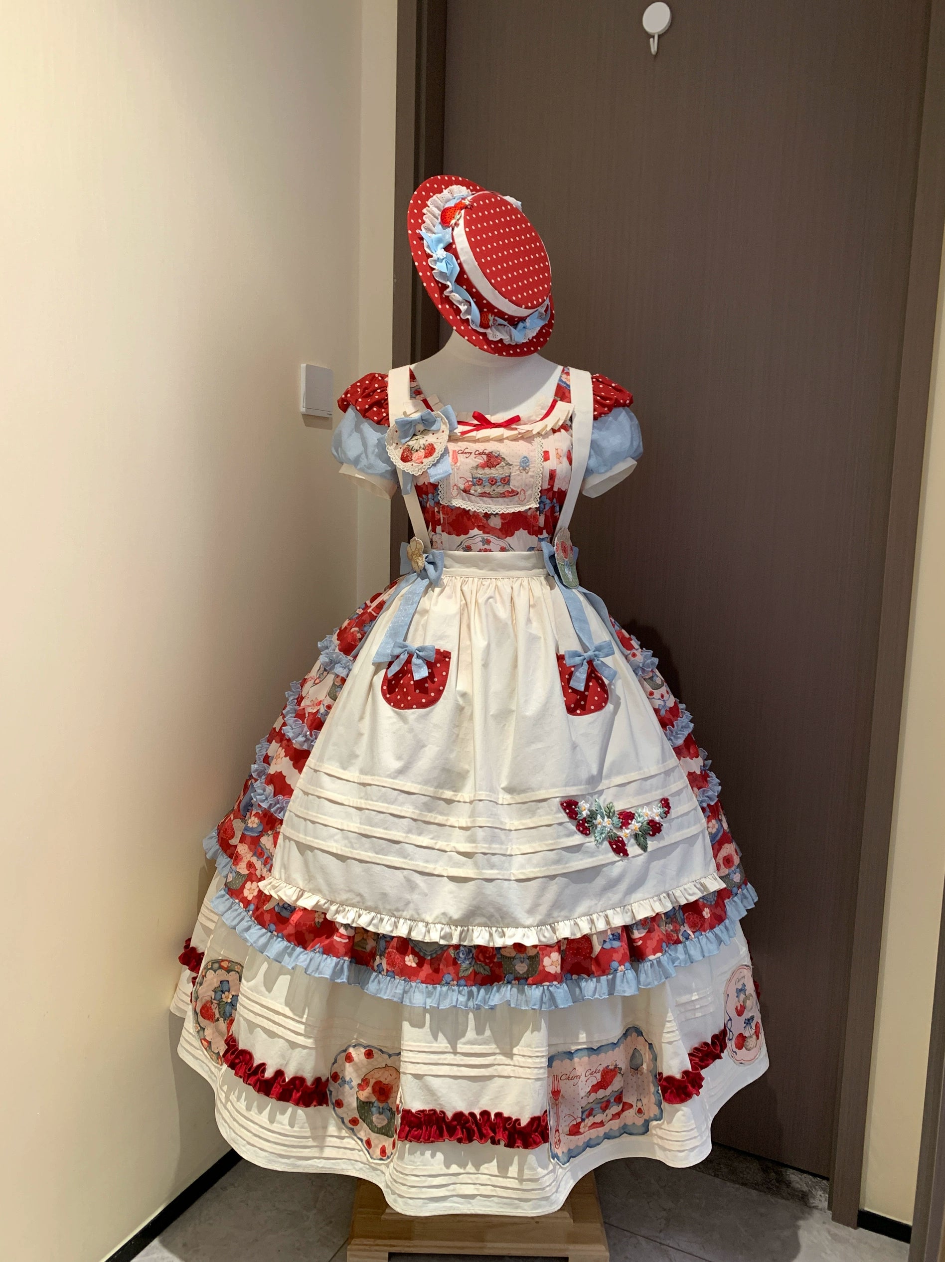 Rose Whispers - Strawberry Tata - Sweet Lolita Dress Suit With Strawberry Cake Print OP + Apron (with floral+cake brooches) S