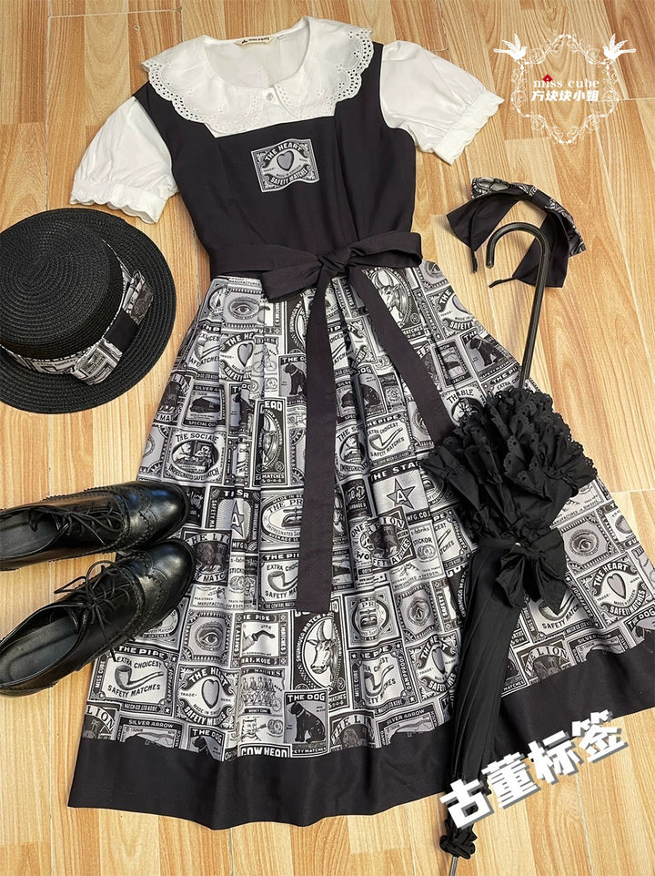 Miss Cube - Antique Label - Retro Lolita JSK Dress Print Daily Dress 35662:498796