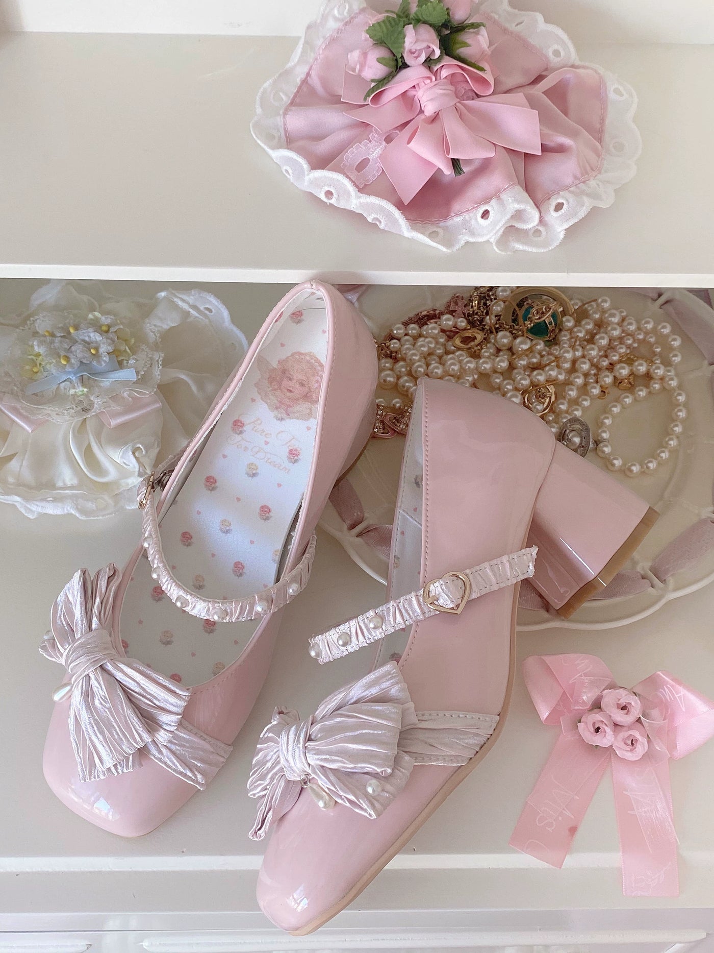 Pure Tea For Dream~Butterfly Puff~Sweet Lolita Shoes Bow Low Mid Heels Shoes 34 sakura pink (mid heel 5.5cm) 