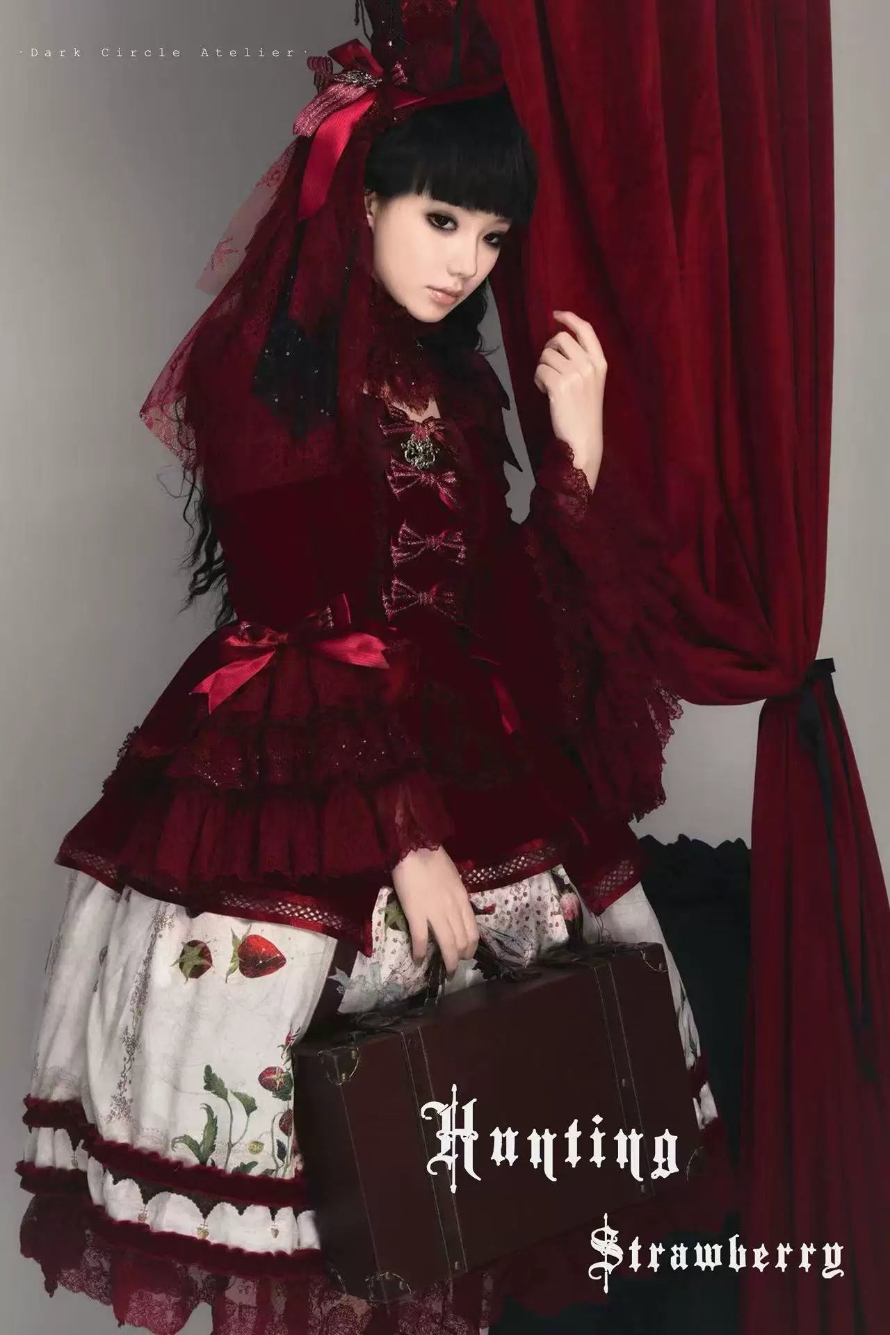 Monster Strawberry Hunt - Gothic Lolita Strawberry Printed Velvet Dress Set 45737:859852