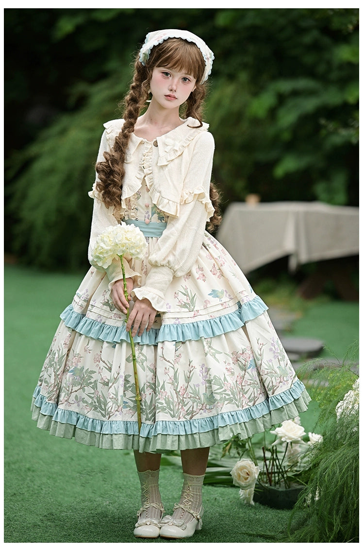 With PUJI - Oriole Time - Country Lolita JSK and OP Dress, Floral and Bird Print 44048:794565