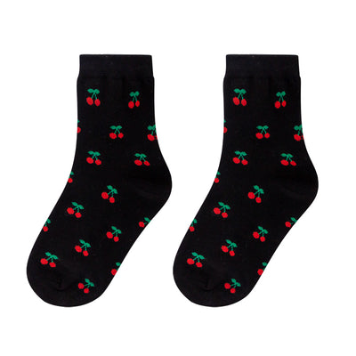 WAGUIR~Japanese Cute Cherry Cotton Printed Lolita Socks free size black short socks 