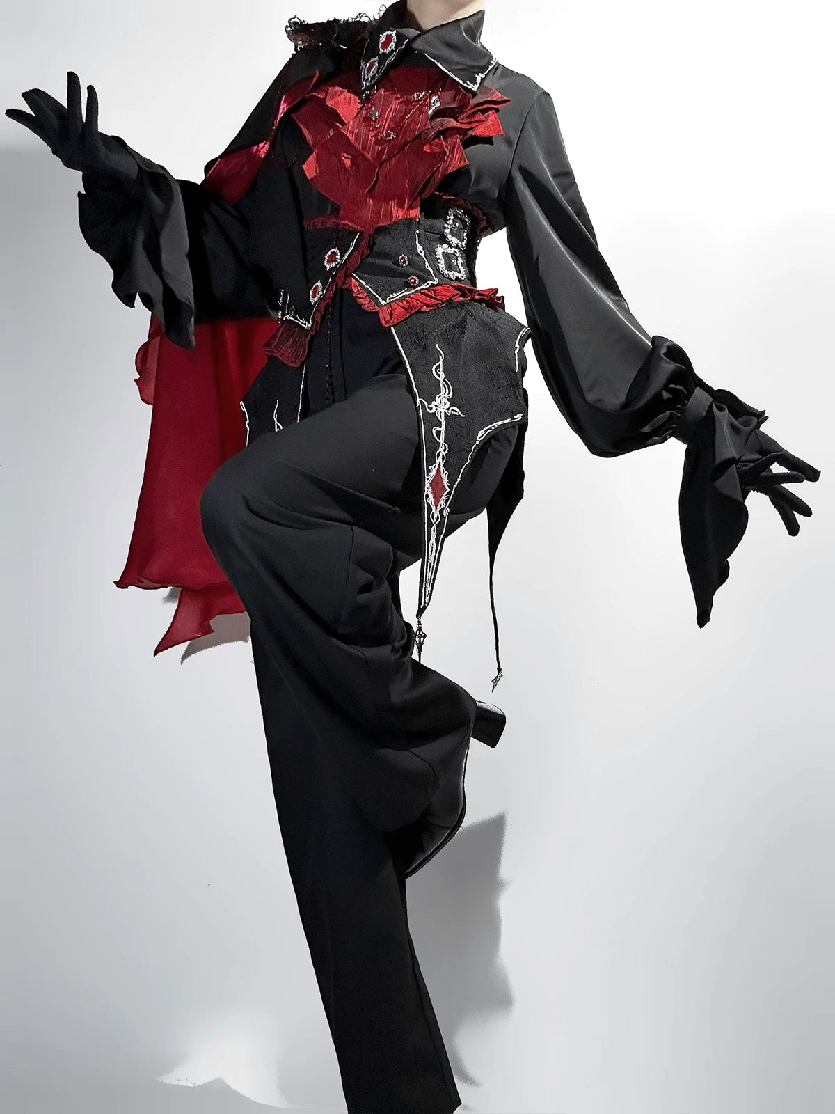 Crimson Vow - Red Black Ouji Lolita Blouse & Pants Set, Vine Embroidery 45953:869263