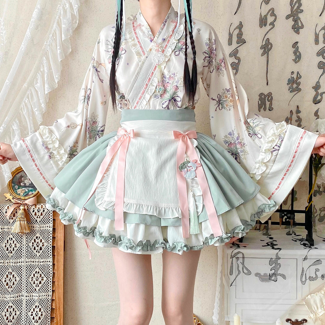 Qianmu~Little Herbalist~Han Lolita Skirt Outfit with Cross-collar Blouse and Apron