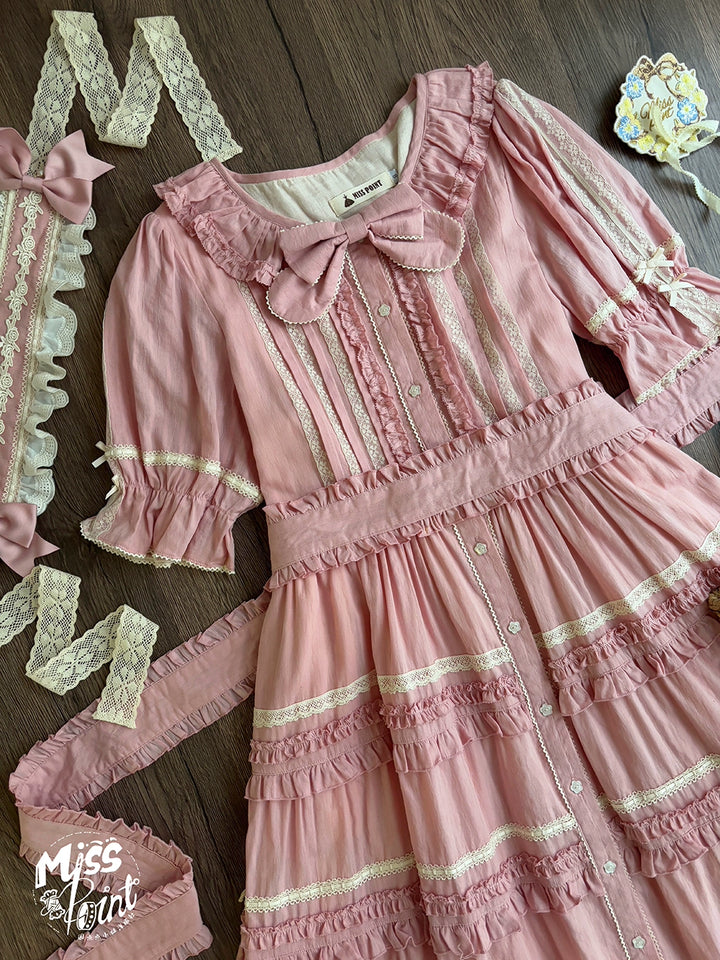 Miss Point~Cat Rose Tea~Elegant Lolita OP Open-front Short Sleeve Tiered Dress 42135:727814