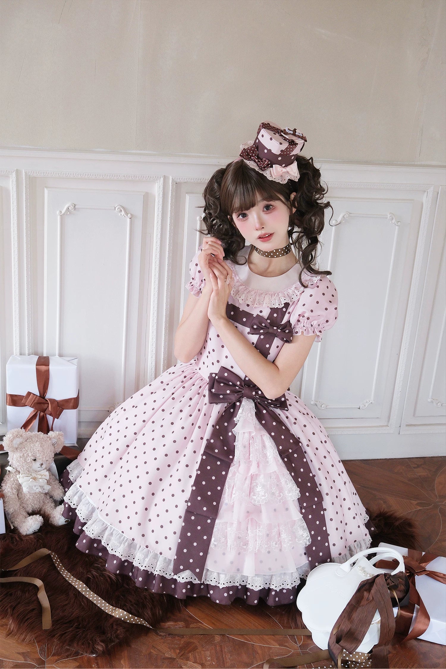Coralie Box - Old School Lolita Polka Dot OP Dress, Cotton Round Collar 45520:851965