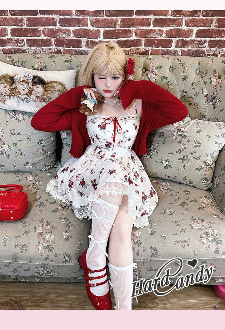 Yingtang~Plus Size Lolita Dress Rose Floral Print Dress Cardigan Set   