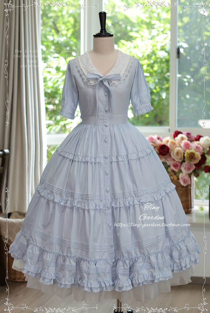 Tiny Garden~Lacey 2.0~Classic Lolita OP Lace Collar Open Front Dress S Light blue 