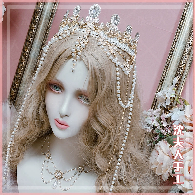 (BFM)SL Handmade~Wedding Lolita Accessory Crystal Pearl Crown Necklace   
