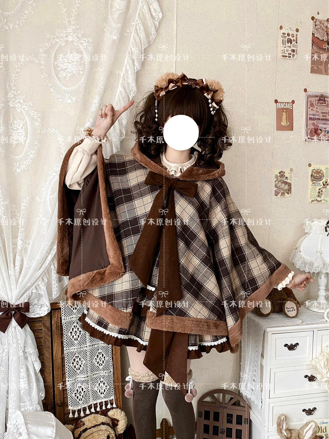 Qianmu~Waffle~Kawaii Lolita Cape Daily Lolita Plaid Hoodie Cloak