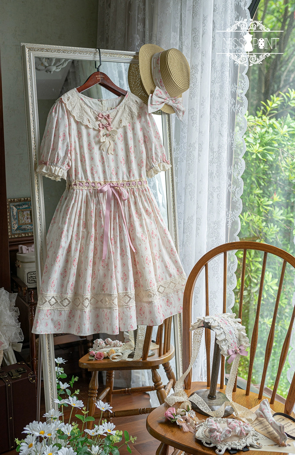 Miss Point~Customized Elegant Lolita OP Dress Cute Daily Girl Short Lolita Dress XS Pink flower mirror - short style 