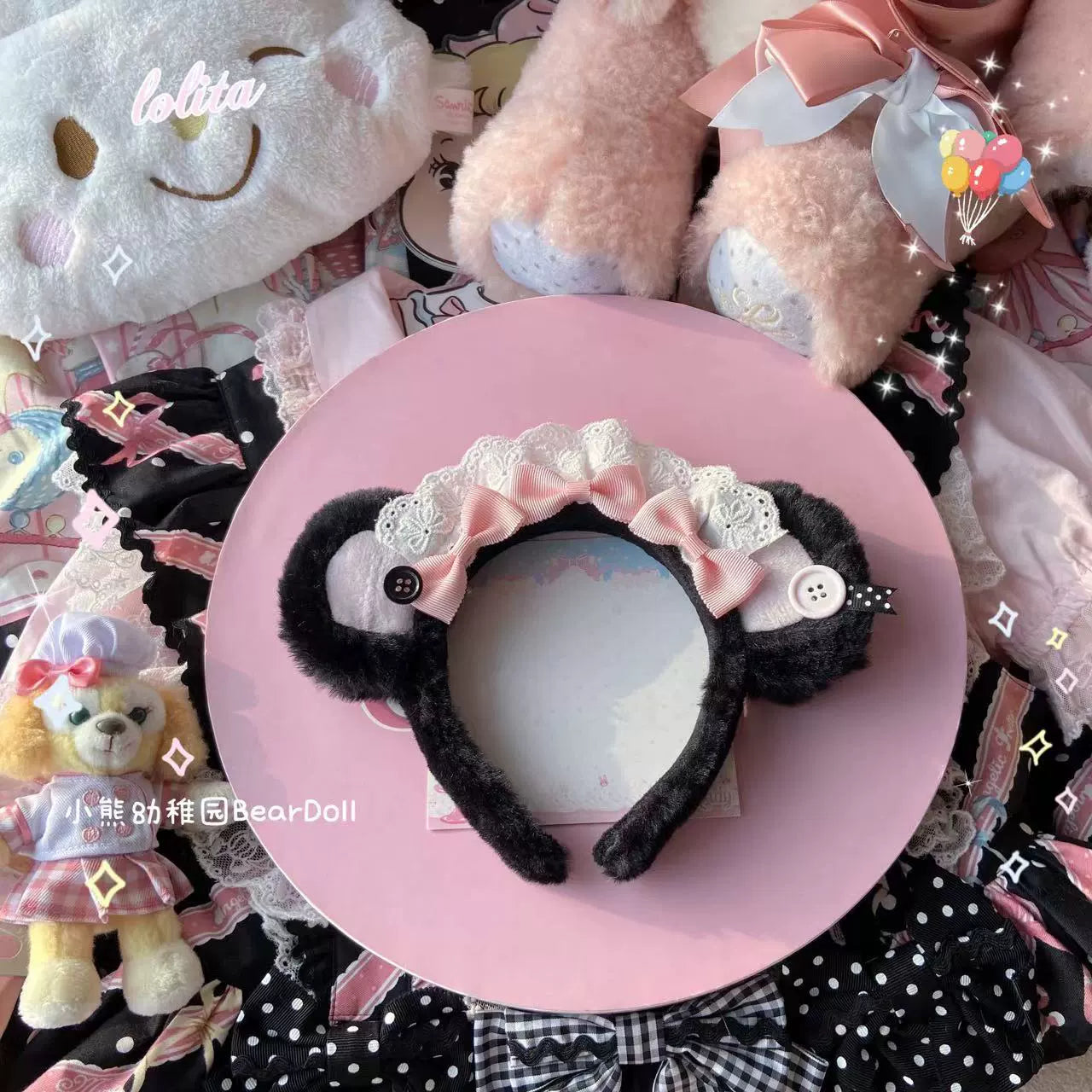 Bear Doll - Kawaii Lolita KC Sweet Butterfly Bow Lolita Headband Black Pink Bear Ear KC