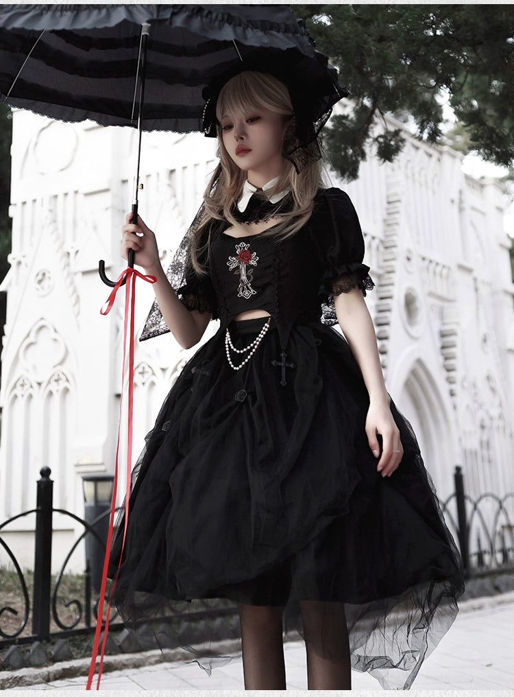 With PUJI~Evil Flower~Gothic Lolita Skirt Set Rose Embroidered Hollow Out Blouse 39596:631126