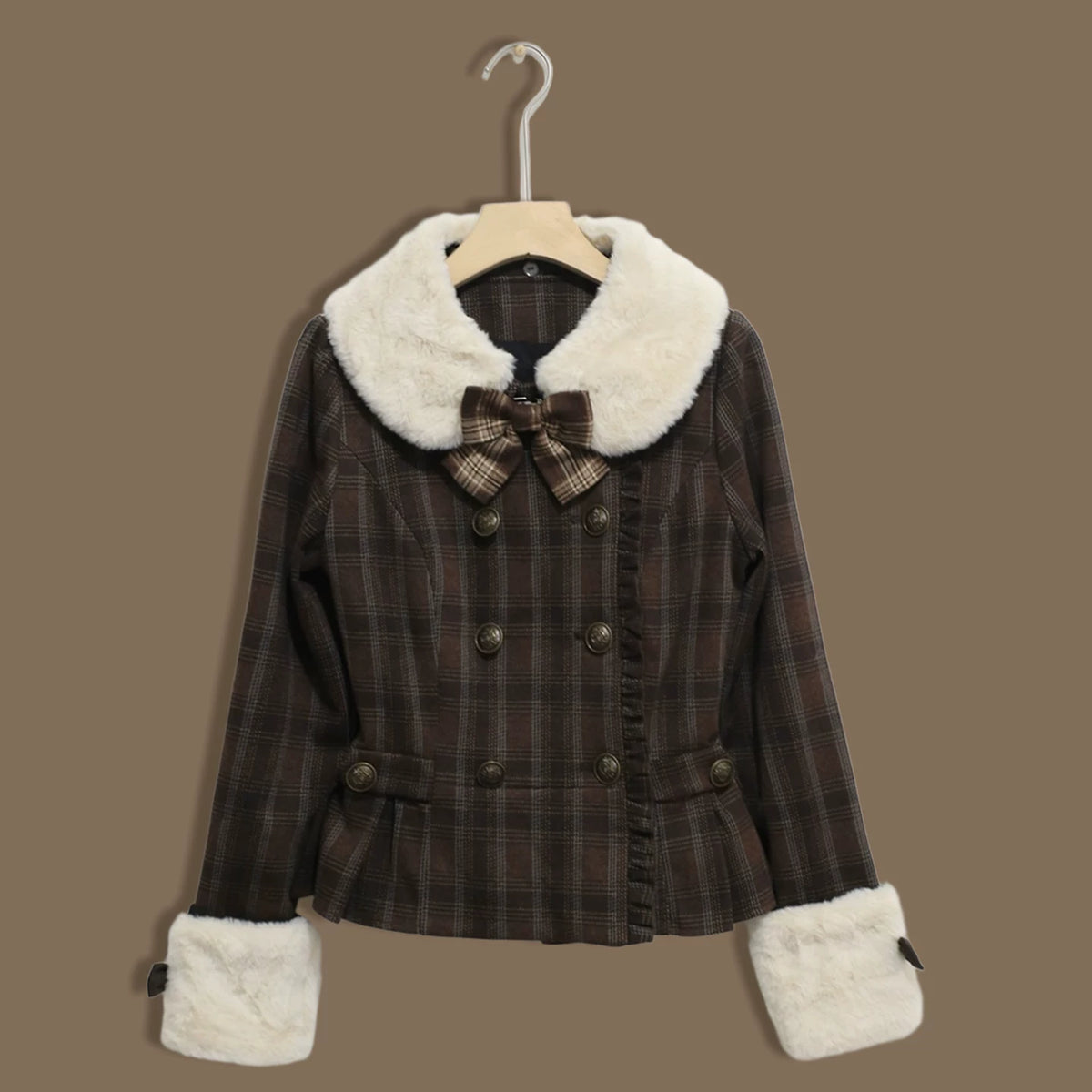Filled Chocolate - Winter Classic Lolita Plaid Coat Set, Detachable Plush Collar (L M S XL XS) 45900:867146