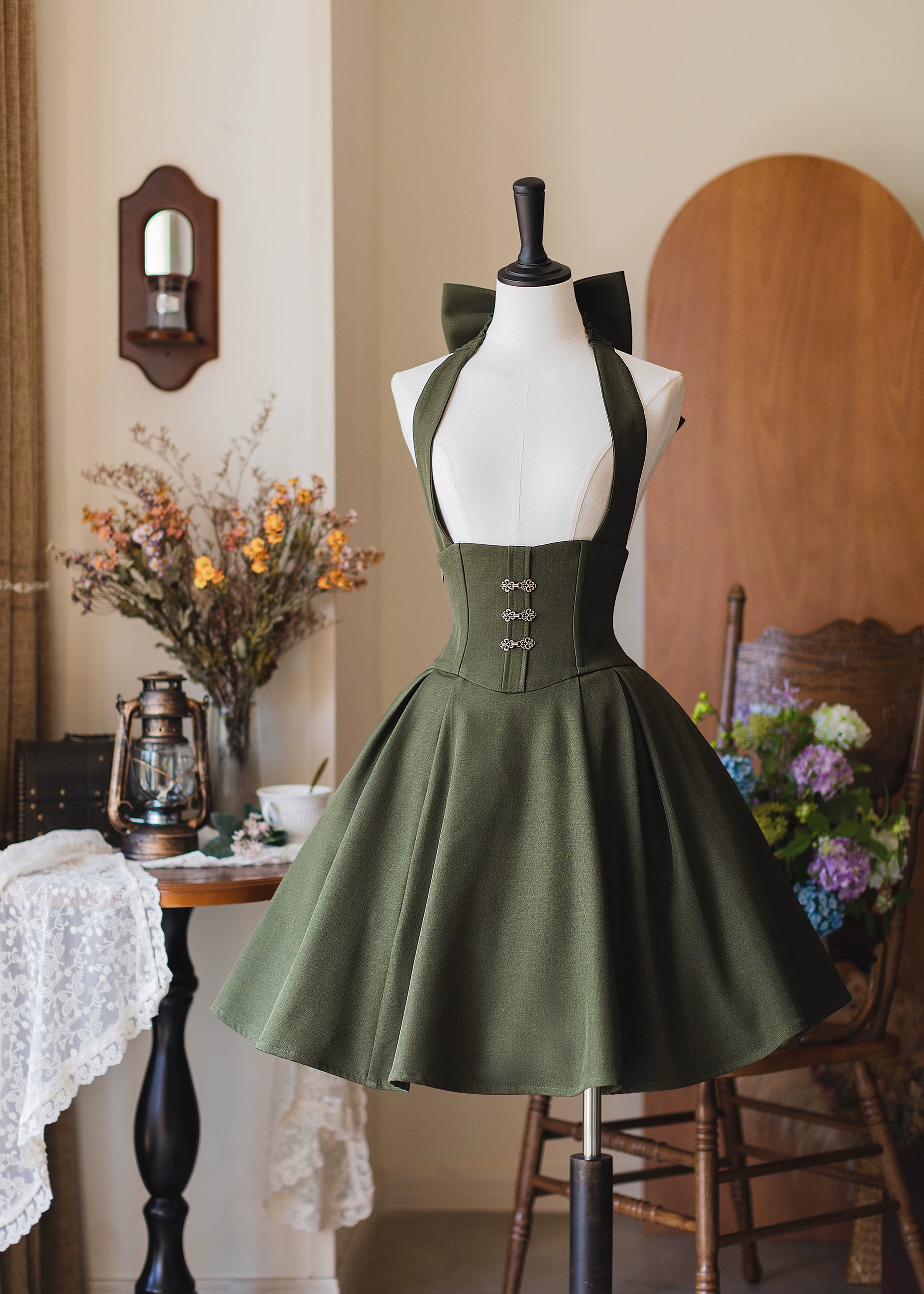 Forest Wardrobe - Vintage Lolita Fishbone Halter SK, Autumn Jacket S Halter Skirt only - Grey-Green Short Version
