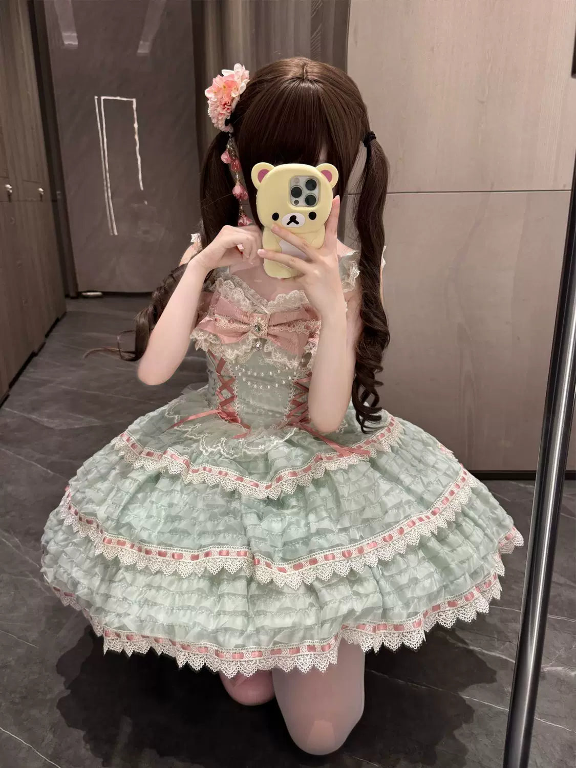 Floral Elegy - Sweet Lolita JSK Dress, Tiered Hem Green JSK S