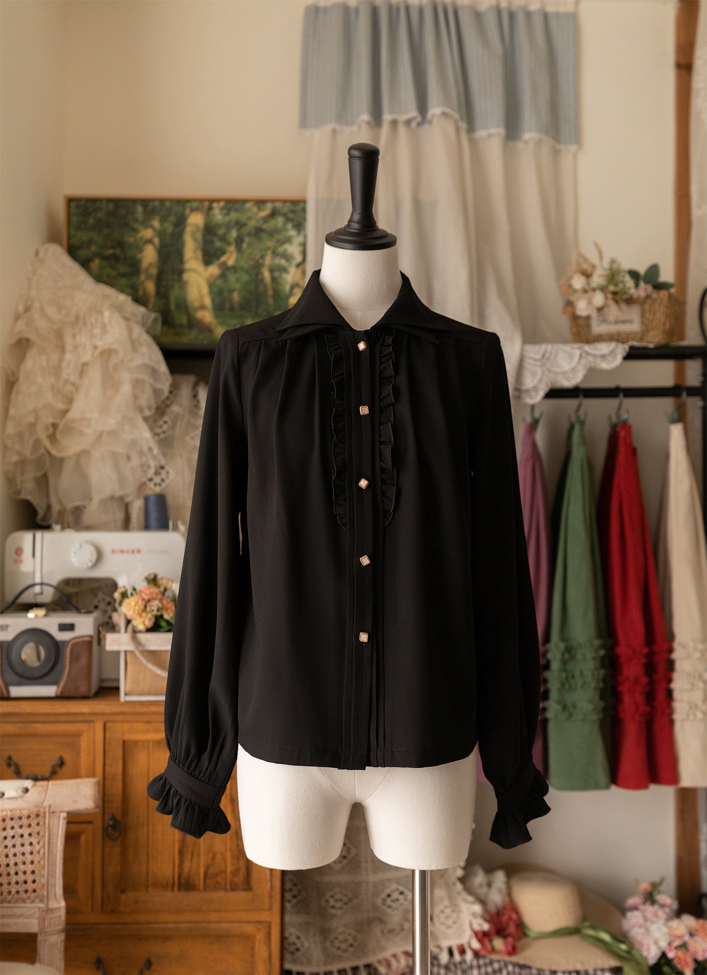 Forest Wardrobe~Forest Basket~Elegant Lolita Shirt Retro Dual Collar Versatile Shirt S Black 