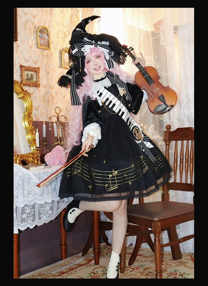 Forest Fluorescent Carps~Black and White Sonata~Ouji Lolita Vest Suit and Vintage Lolita OP Dress