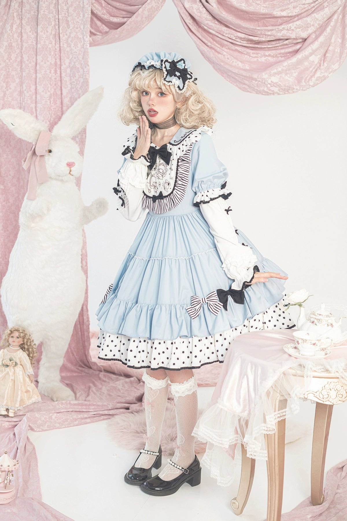 Vcastle~Sweet Lolita OP Dress Splicing Sleeve Apron Dot Print Dress 19776:303746
