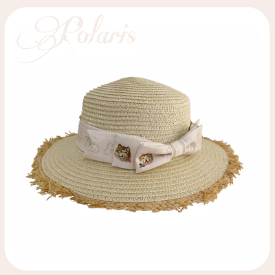 Polaris Lolita~Cat and Sunflower~Sweet Lolita JSK Cat and Sunflower Print Dress and Headdress Set S beige straw hat(with a hatband) 