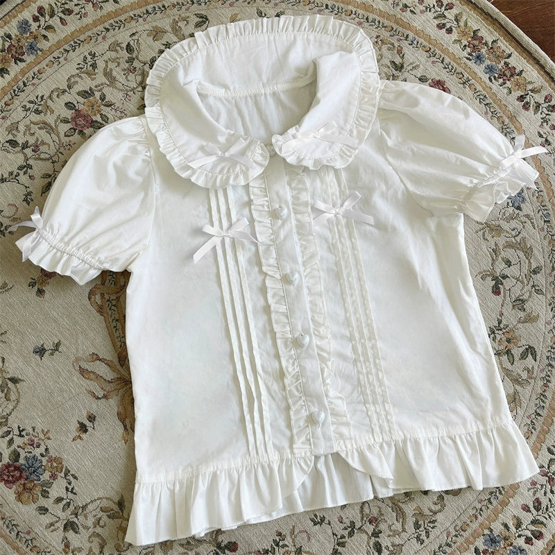 Sugar Girl - Sweet Lolita Blouse Bubble Sleeve Shirt M White short-sleeved