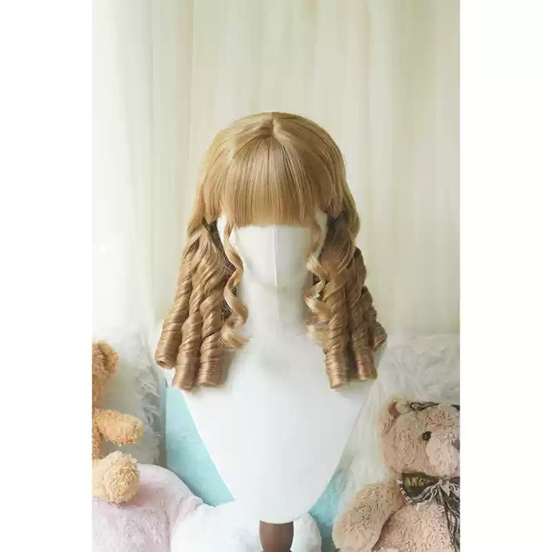 Imperial Tea~Retro Lolita Wig Short Roman Curl Hairpiece Dark gold straight bangs with hairnet