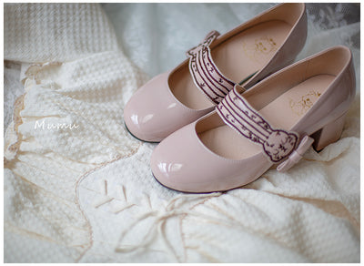 Mumu~Embroidery Rabbit~Kawaii Lolita Mid-Heeled Bows Shoes Multicolors beige 36 