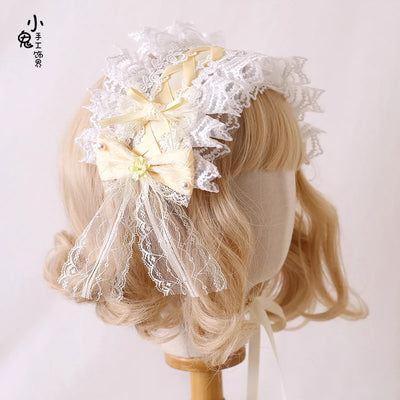 Xiaogui~Cinnamon Milk Yellow~Elegant Lolita Hair Accessory KC Headband Bow Hat Clip Lace Bow hairband  