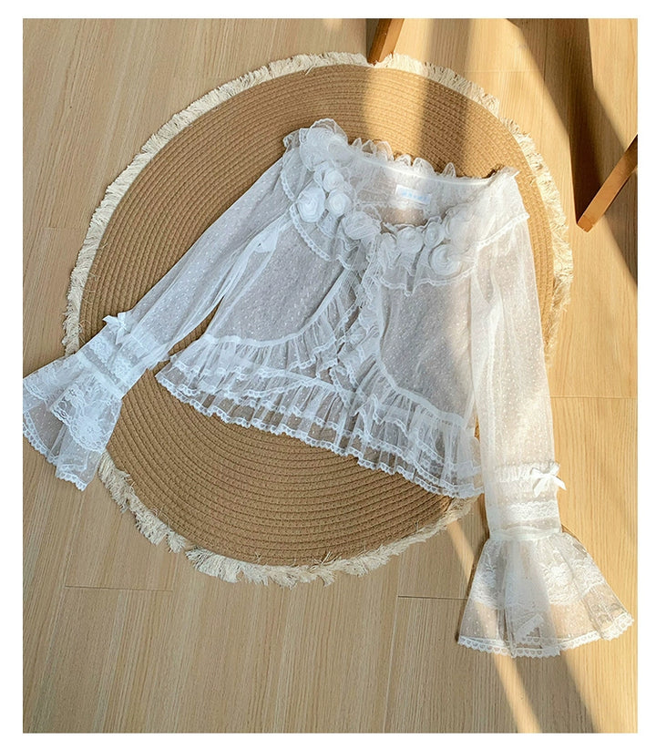 With PUJI~Flower Visage~Summer Lolita Sheer Cardigan with Rose Brooch 42927:759148