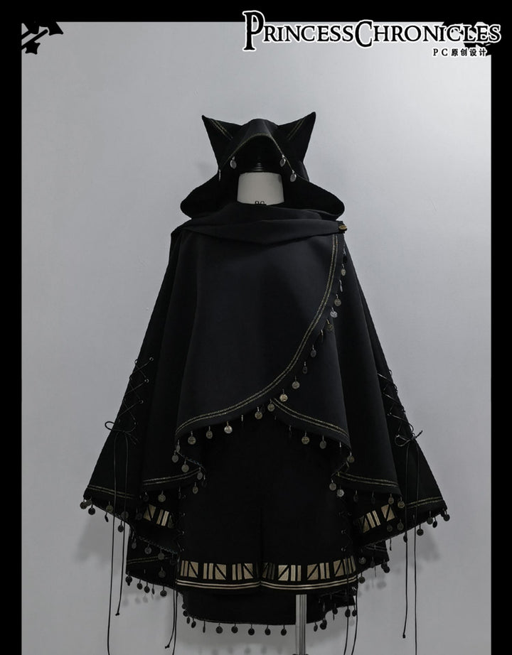 Princess Chronicles~Black Cat~Black Ouji Lolita Cape with Cool Cat Ear Hood