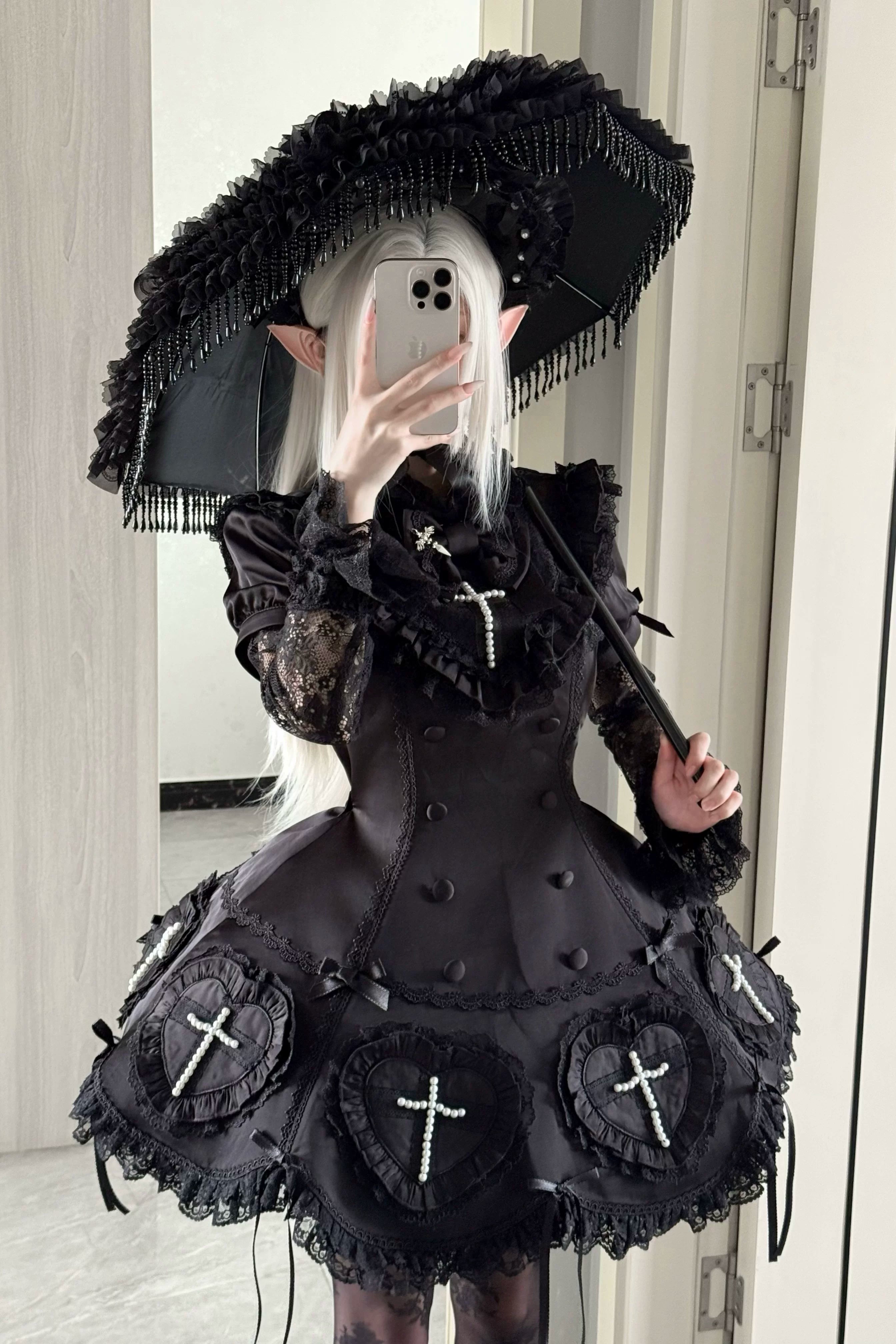 Nocthymn Cross - Gothic Lolita OP Dress with Pearled Cross, Detachable Sleeves (L M S XL) 45813:863453